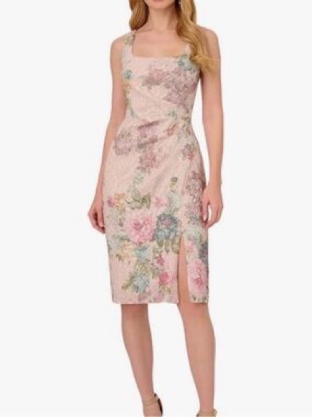 Adrianna Papell Metallic Floral Matelassé Scoop-Neck Sheath Dress